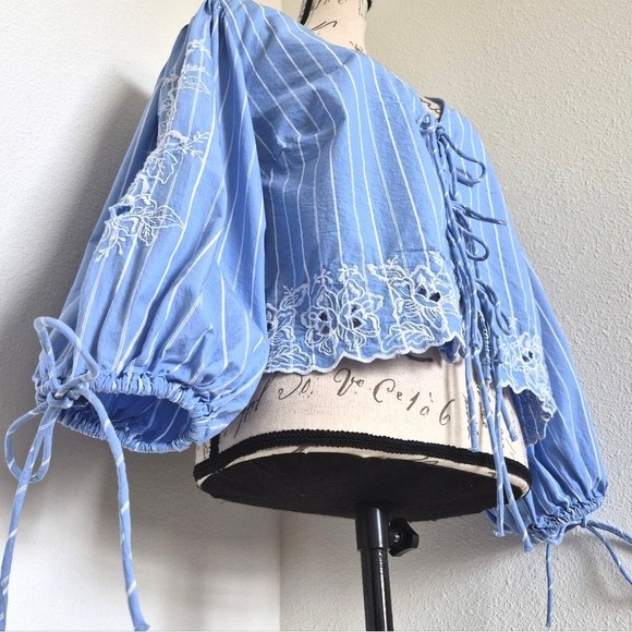 Future Collective Eyelet Floral Peasant Blouse XXL Blue Cotton Boho Cottagecore - Picture 9 of 17